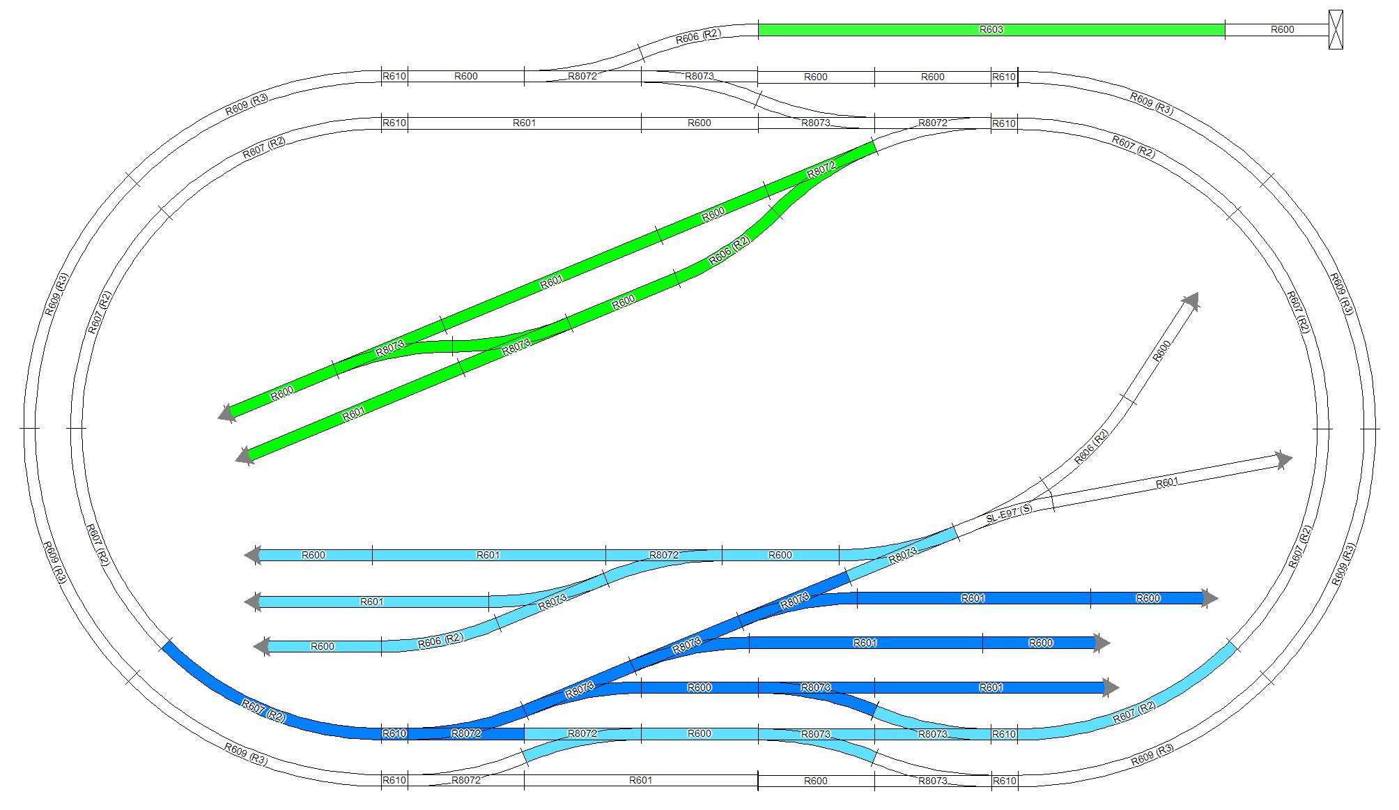 a sketch of the layout plan, with an oval and a shunting puzzle inside it, with some changes to the original plan